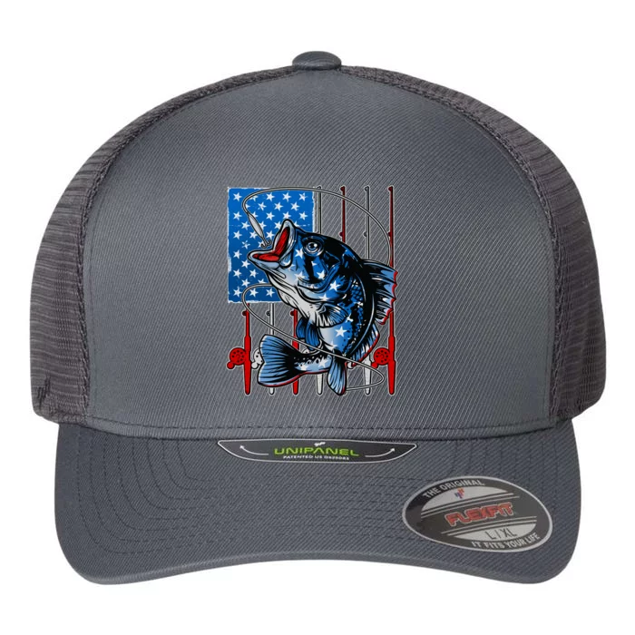 USA American Flag Bass Fishing Flexfit Unipanel Trucker Cap