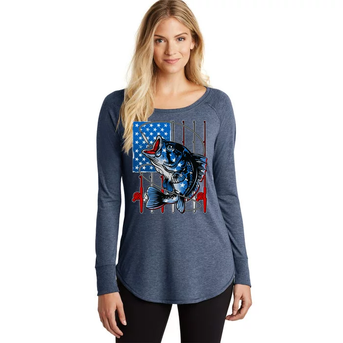 USA American Flag Bass Fishing Women's Perfect Tri Tunic Long Sleeve Shirt