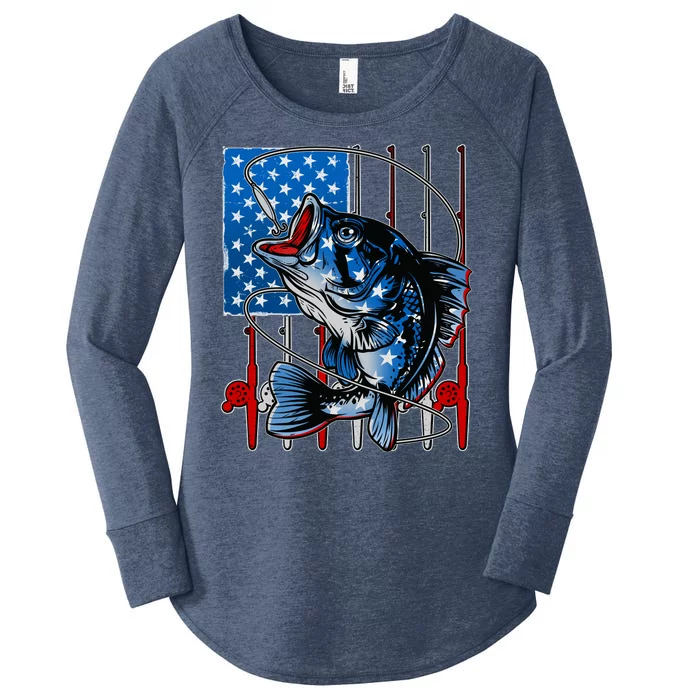 USA American Flag Bass Fishing Women's Perfect Tri Tunic Long Sleeve Shirt