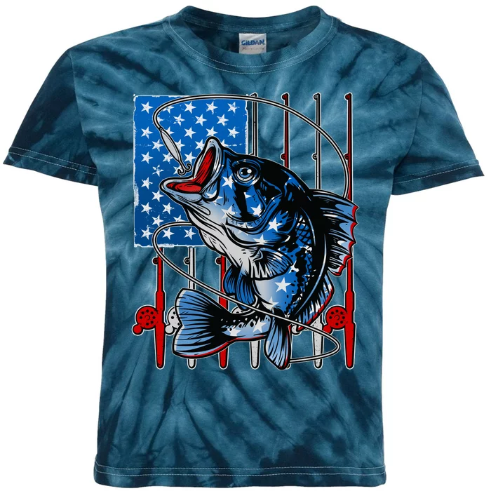 USA American Flag Bass Fishing Kids Tie-Dye T-Shirt