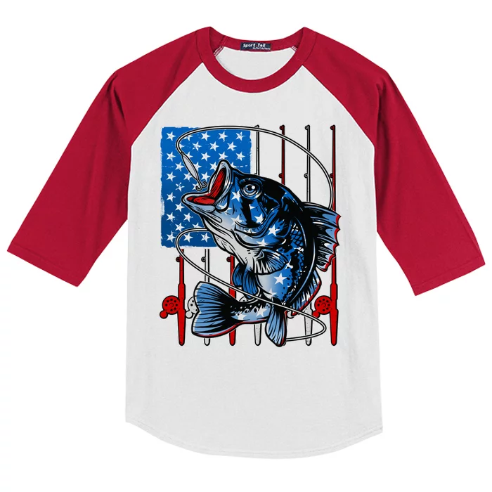 USA American Flag Bass Fishing Kids Colorblock Raglan Jersey