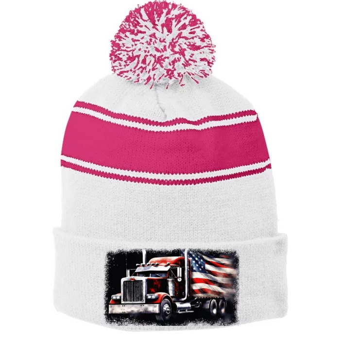 Us American Flag Semi Truck Driver Trucker Stripe Pom Pom Beanie