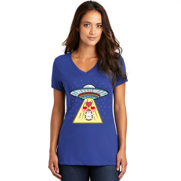 Ufo Abduction Hedgehog Valentines Day Great Gift Women's V-Neck T-Shirt