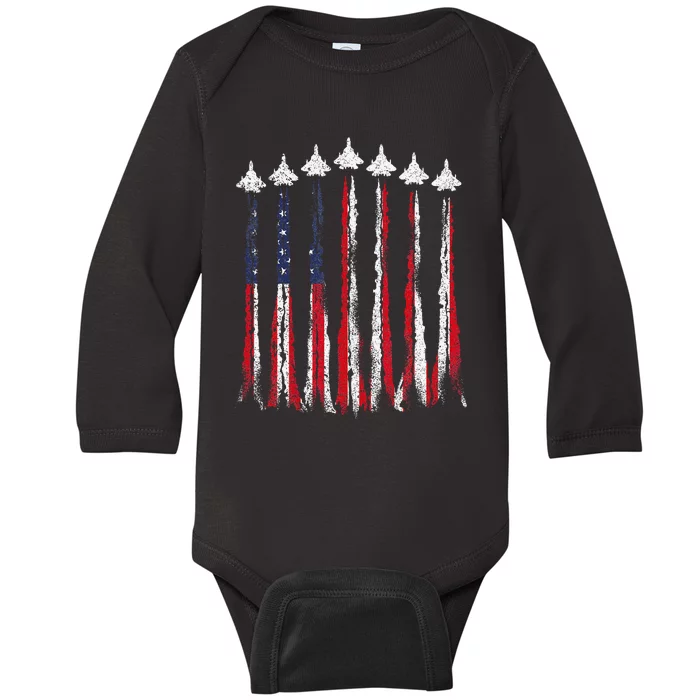 USA Airplane Jet Fighter 4th American Flag Of July Patriotic Baby Long Sleeve Bodysuit