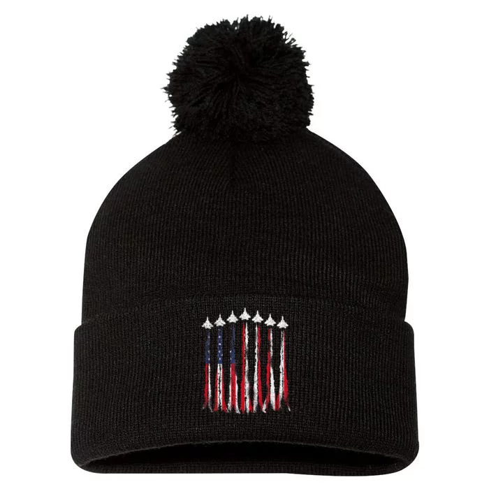 USA Airplane Jet Fighter 4th American Flag Of July Patriotic Pom Pom 12in Knit Beanie