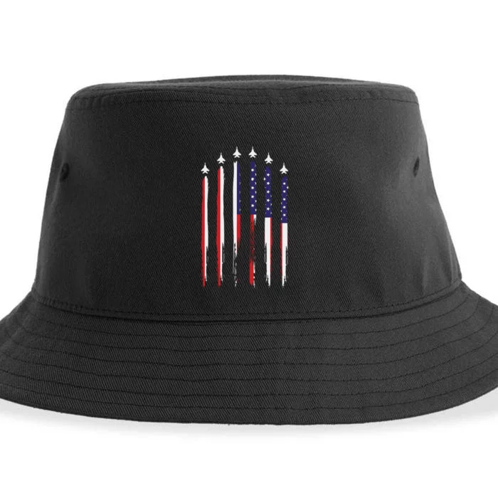 USA Airplane Jet Fighter 4th American Flag Of July Patriotic Sustainable Bucket Hat