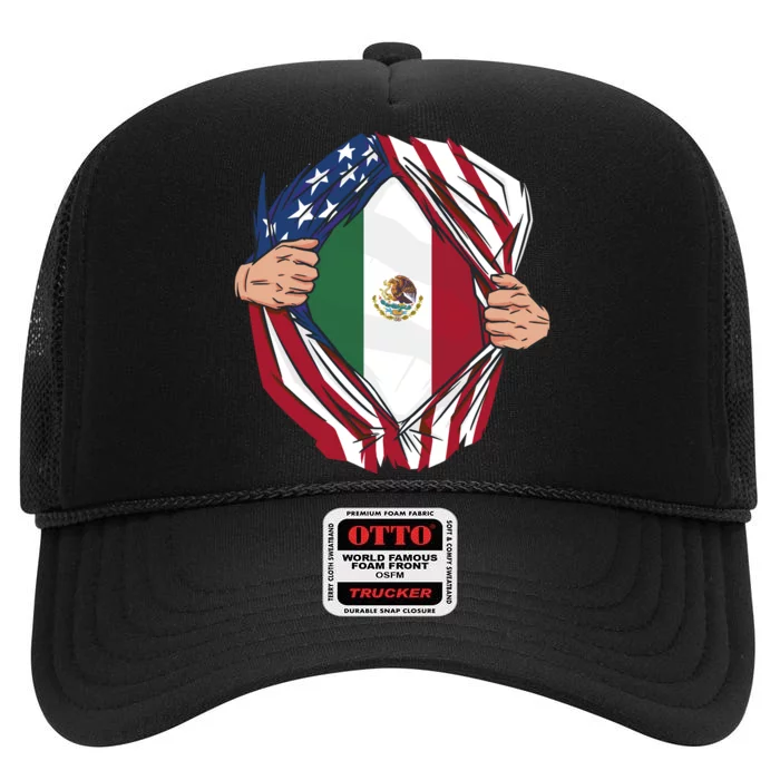 USA And Mexico Flag High Crown Mesh Trucker Hat