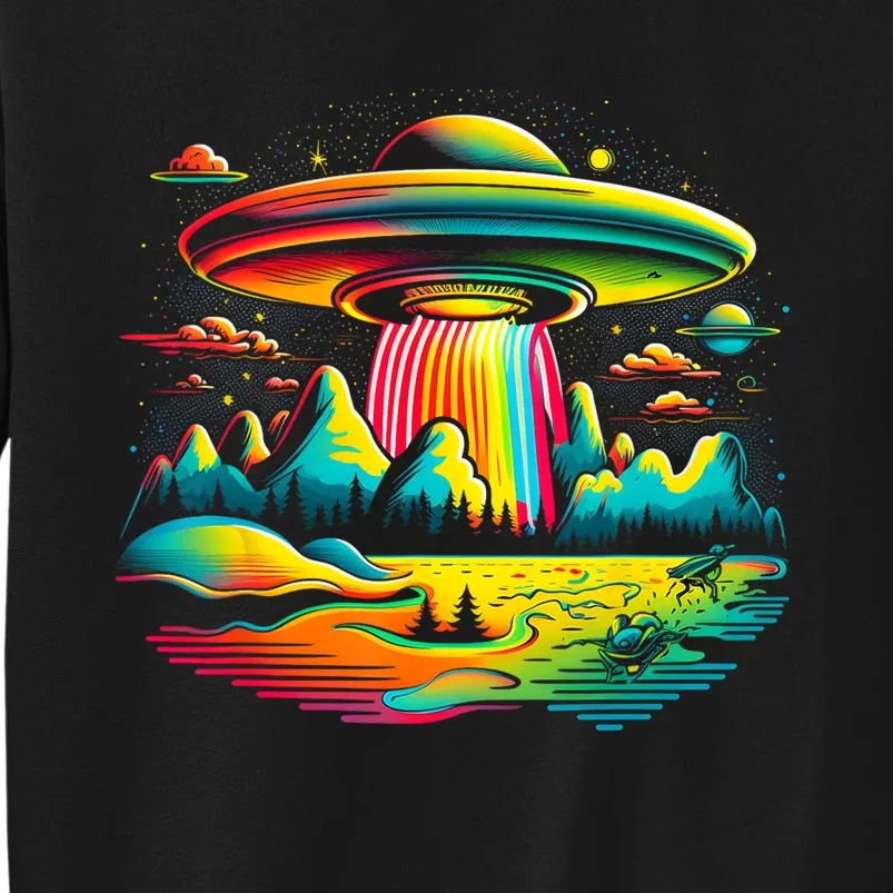 UFO Alien Retro Bright Mountain Lake Camping Visitor Tall Sweatshirt