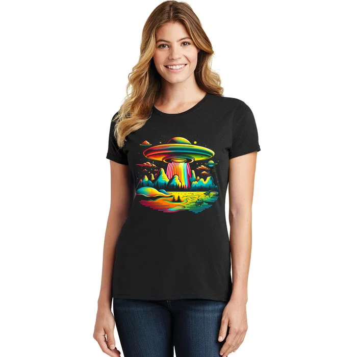 UFO Alien Retro Bright Mountain Lake Camping Visitor Women's T-Shirt