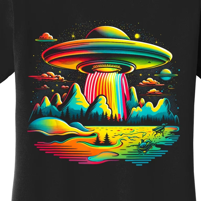 UFO Alien Retro Bright Mountain Lake Camping Visitor Women's T-Shirt