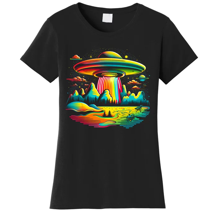 UFO Alien Retro Bright Mountain Lake Camping Visitor Women's T-Shirt