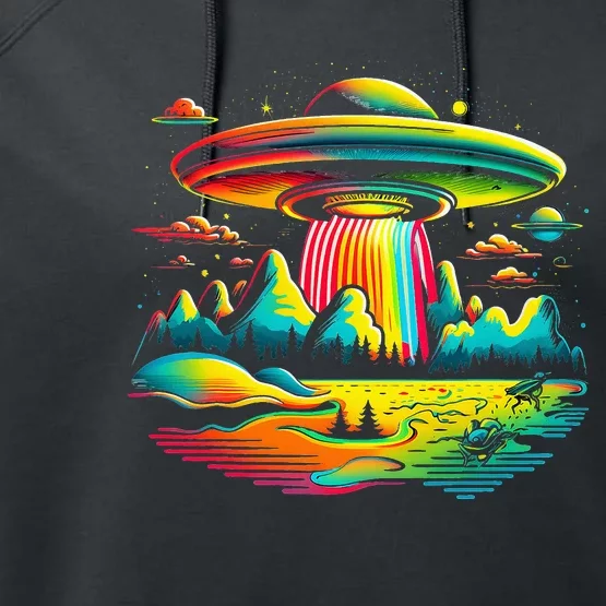 UFO Alien Retro Bright Mountain Lake Camping Visitor Performance Fleece Hoodie