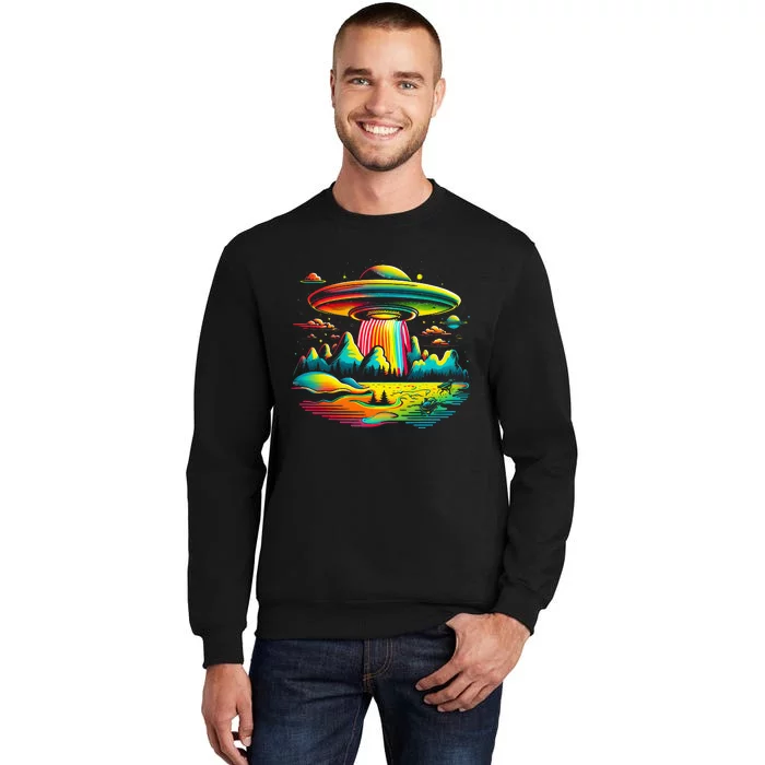 UFO Alien Retro Bright Mountain Lake Camping Visitor Tall Sweatshirt