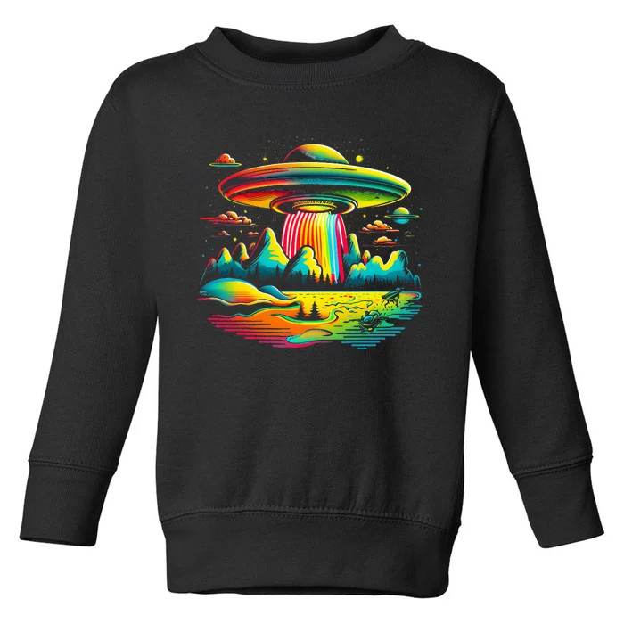 UFO Alien Retro Bright Mountain Lake Camping Visitor Toddler Sweatshirt