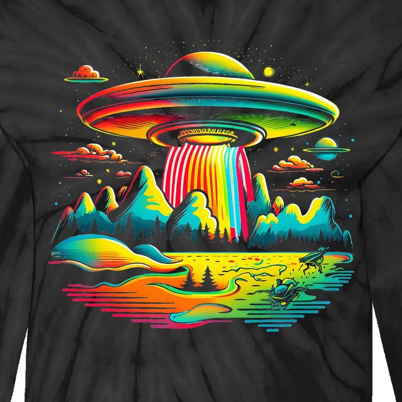 UFO Alien Retro Bright Mountain Lake Camping Visitor Tie-Dye Long Sleeve Shirt