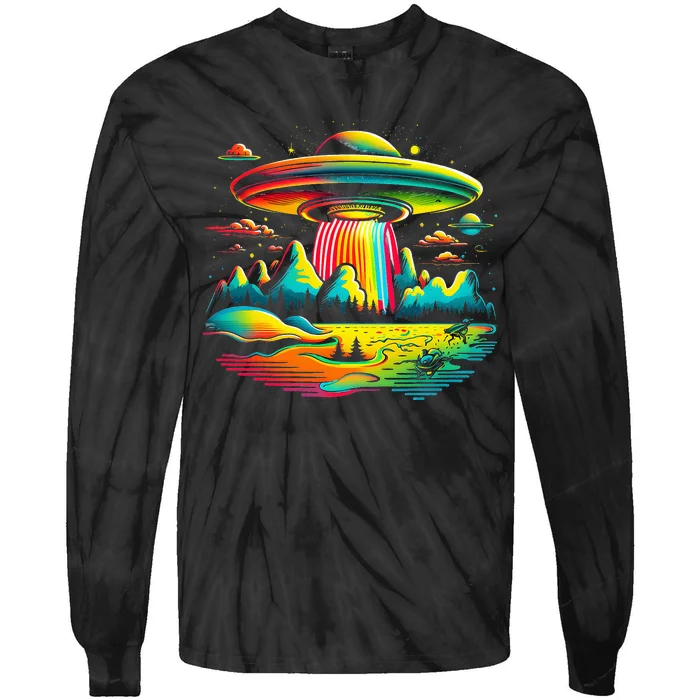 UFO Alien Retro Bright Mountain Lake Camping Visitor Tie-Dye Long Sleeve Shirt