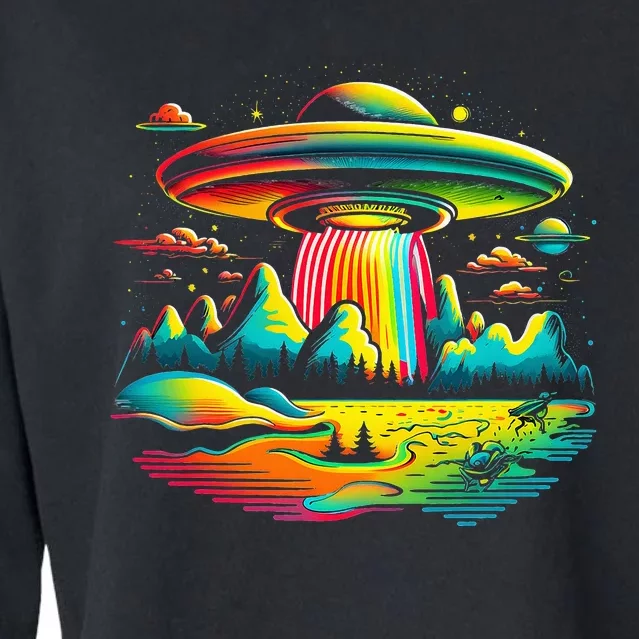 UFO Alien Retro Bright Mountain Lake Camping Visitor Cropped Pullover Crew