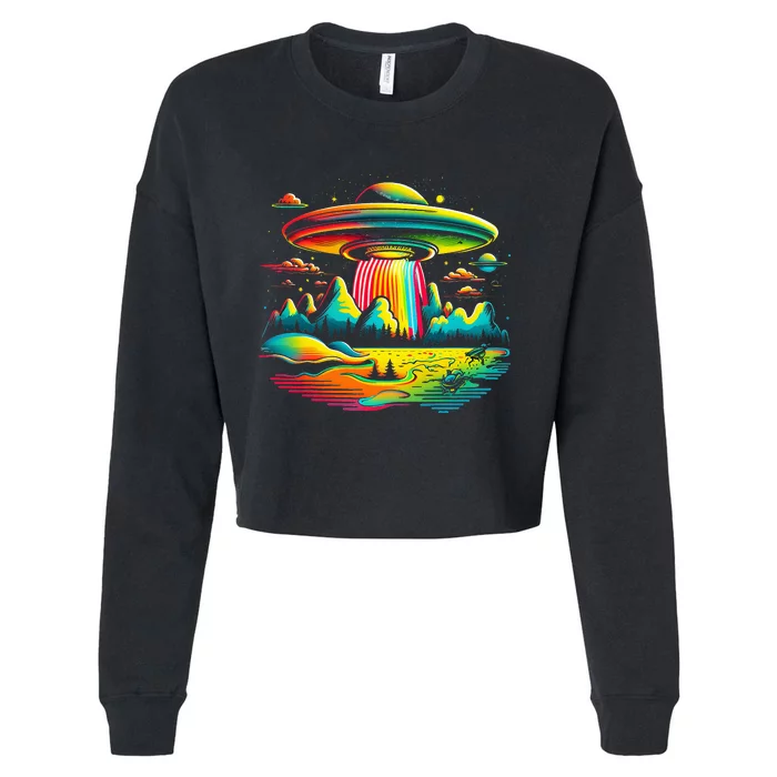 UFO Alien Retro Bright Mountain Lake Camping Visitor Cropped Pullover Crew