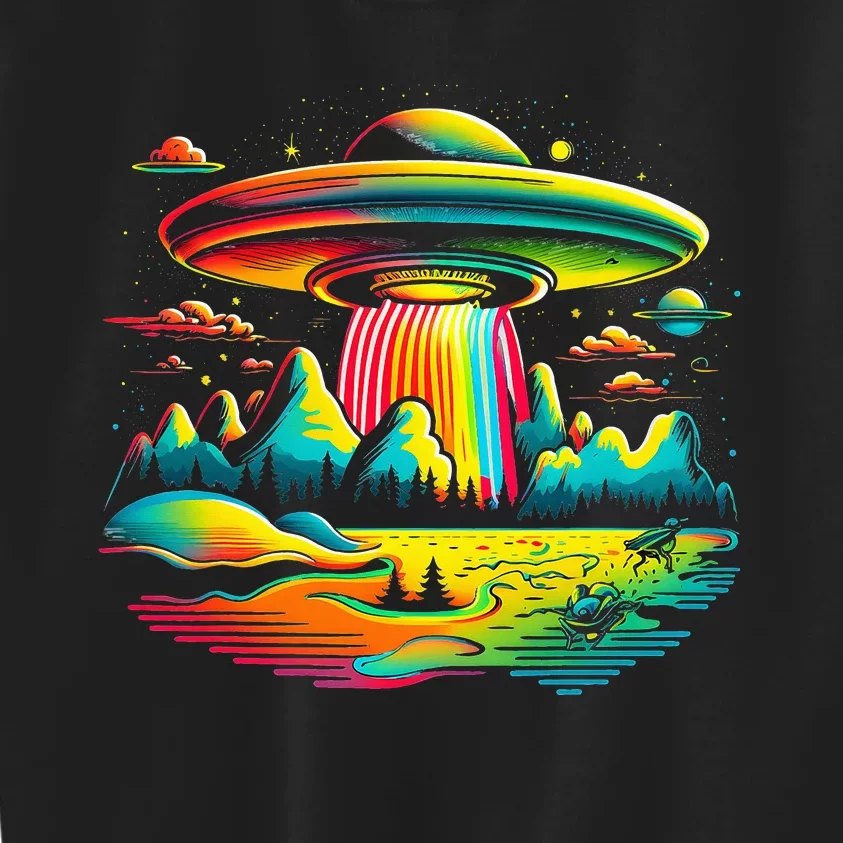 UFO Alien Retro Bright Mountain Lake Camping Visitor Kids Sweatshirt