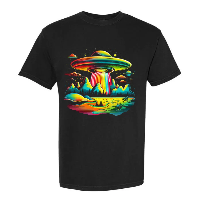 UFO Alien Retro Bright Mountain Lake Camping Visitor Garment-Dyed Heavyweight T-Shirt