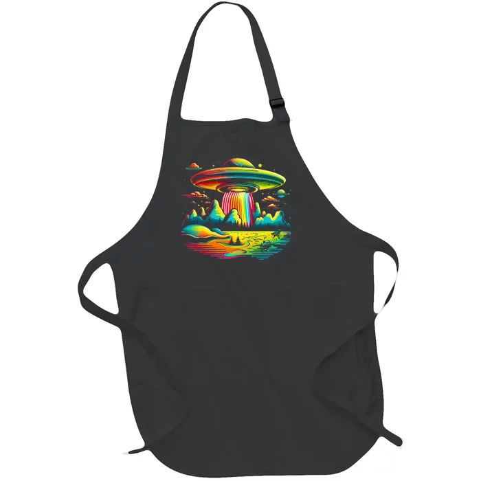 UFO Alien Retro Bright Mountain Lake Camping Visitor Full-Length Apron With Pocket