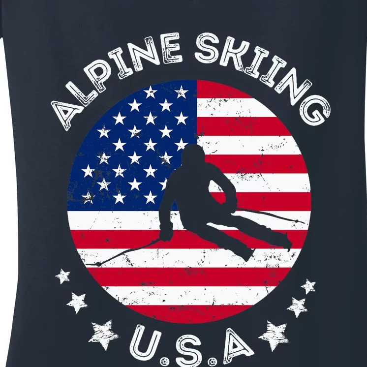 US Alpine Skiing Team Retro Support USA Downhill Skiing Team Women's V-Neck T-Shirt