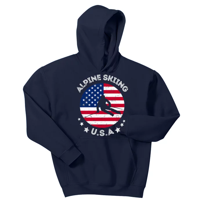 US Alpine Skiing Team Retro Support USA Downhill Skiing Team Kids Hoodie