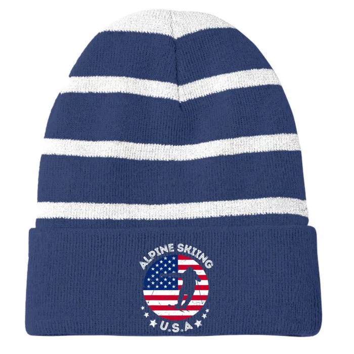 USA Alpine Skiing Team Retro Support USA Downhill Skiing Striped Beanie with Solid Band