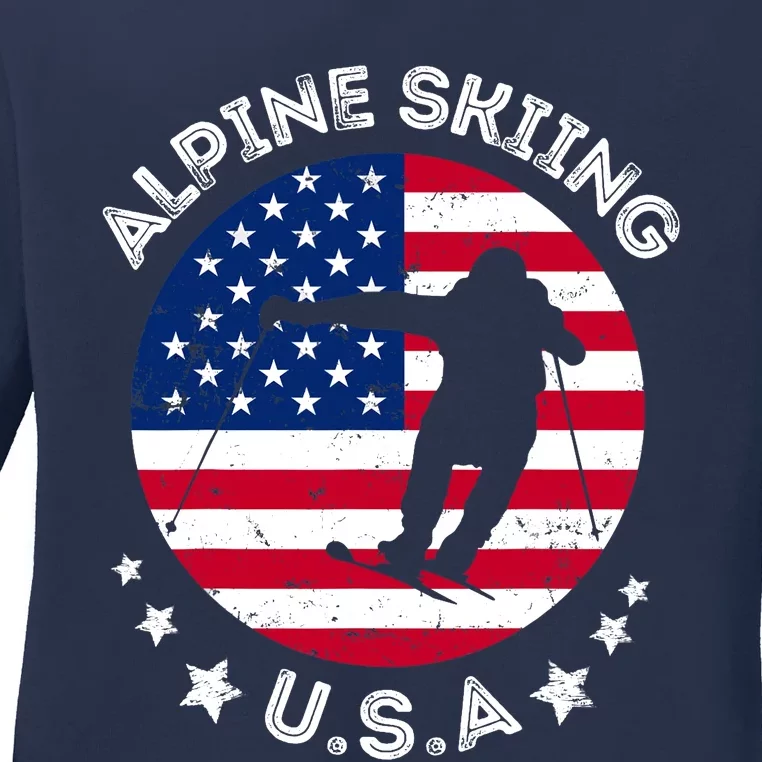 USA Alpine Skiing Team Retro Support USA Downhill Skiing Ladies Long Sleeve Shirt