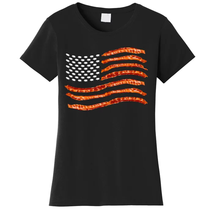 Usa Bacon Flag Cute Us Dried Pigs Funny 4th Of July Women's T-Shirt