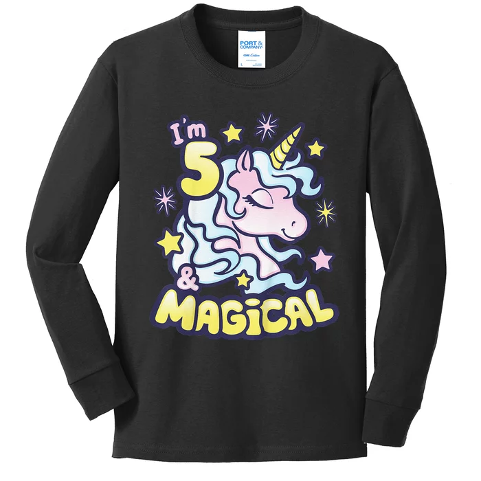 Unicorn Birthday Gift For 5 Year Old I Am 5 And Magical Kids Long Sleeve Shirt