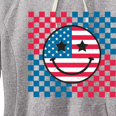 Usa Checkerboard 4th Of July Happy Face American Women's Fleece Hoodie