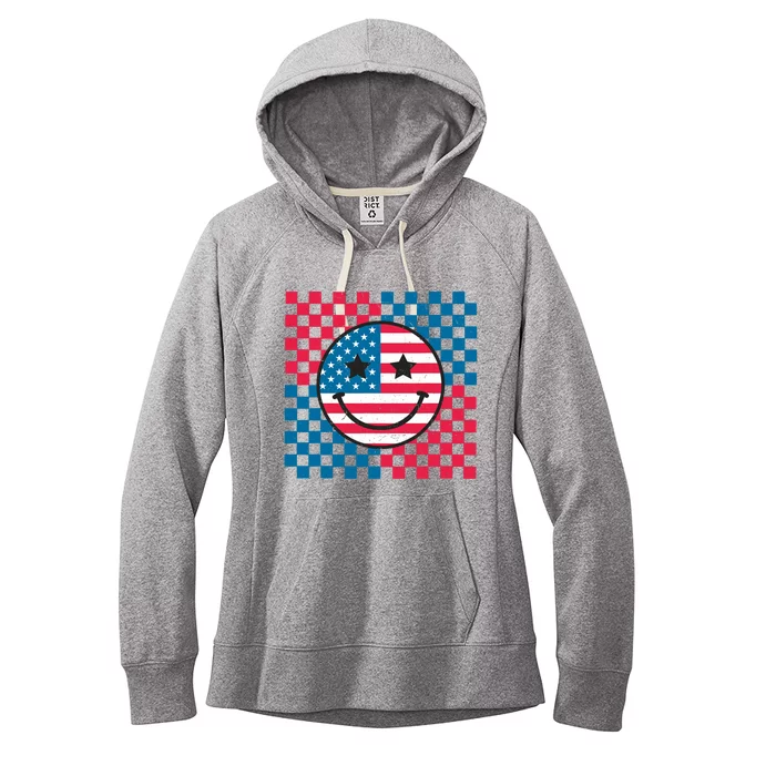 Usa Checkerboard 4th Of July Happy Face American Women's Fleece Hoodie