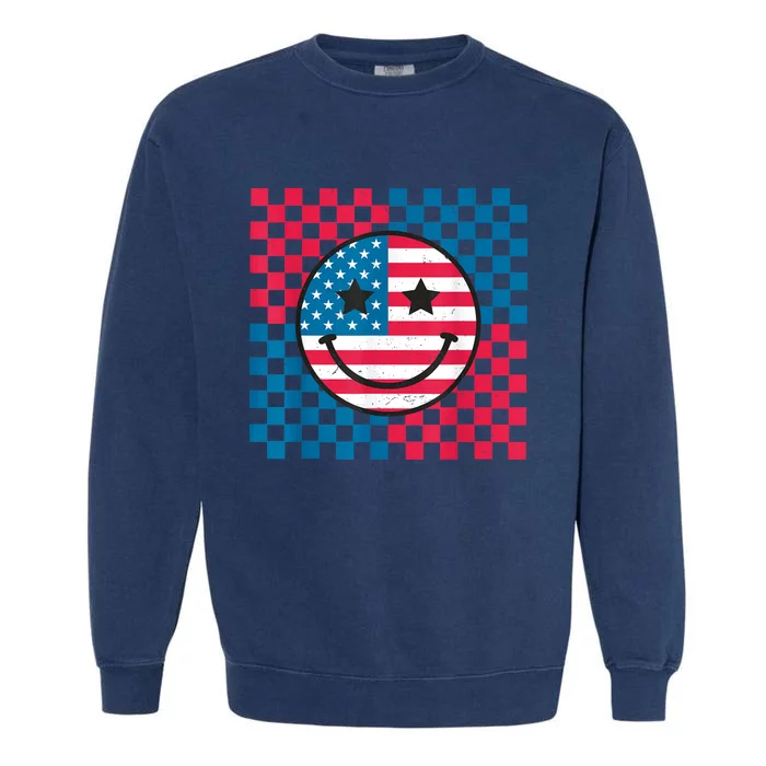 Usa Checkerboard 4th Of July Happy Face American Garment-Dyed Sweatshirt