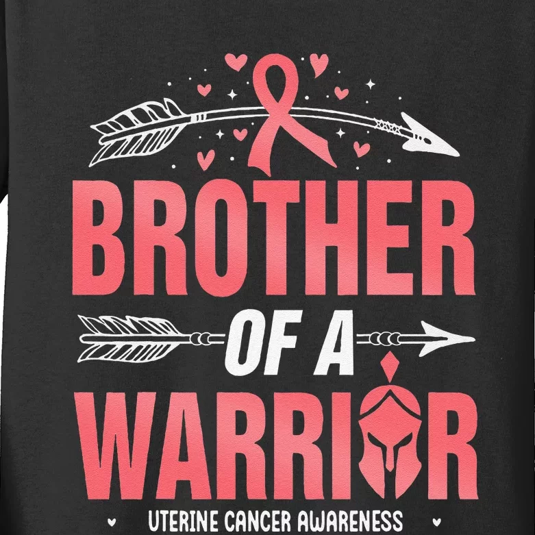 Uterine Cancer Awareness Brother Of A Warrior Peach Ribbon Kids Long Sleeve Shirt