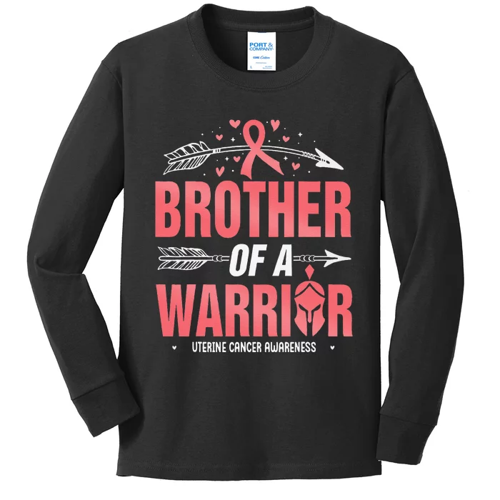 Uterine Cancer Awareness Brother Of A Warrior Peach Ribbon Kids Long Sleeve Shirt