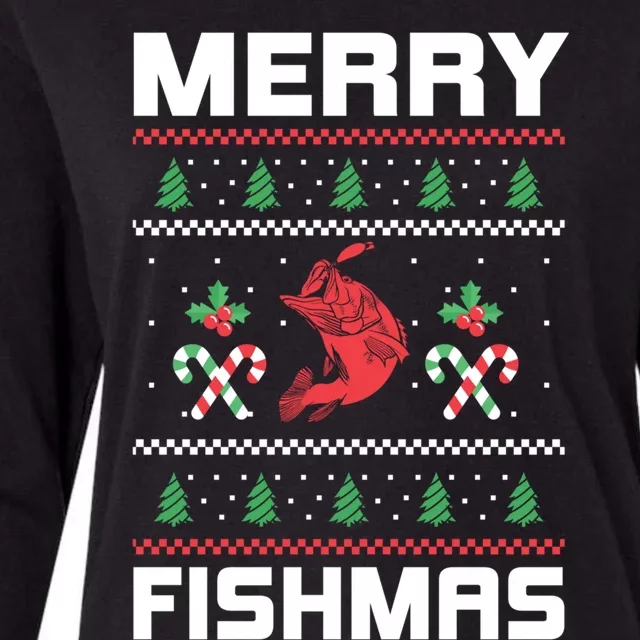 Ugly Christmas Angler Merry Fishmas Bass Fishing Lover Womens Cotton Relaxed Long Sleeve T-Shirt