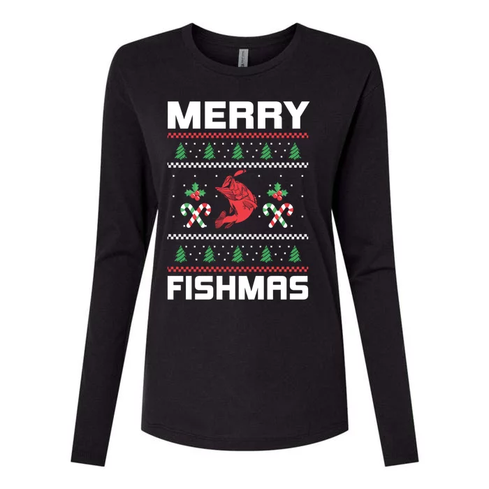 Ugly Christmas Angler Merry Fishmas Bass Fishing Lover Womens Cotton Relaxed Long Sleeve T-Shirt