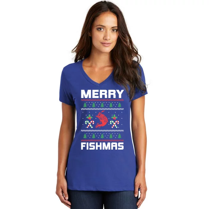 Ugly Christmas Angler Merry Fishmas Bass Fishing Lover Women's V-Neck T-Shirt