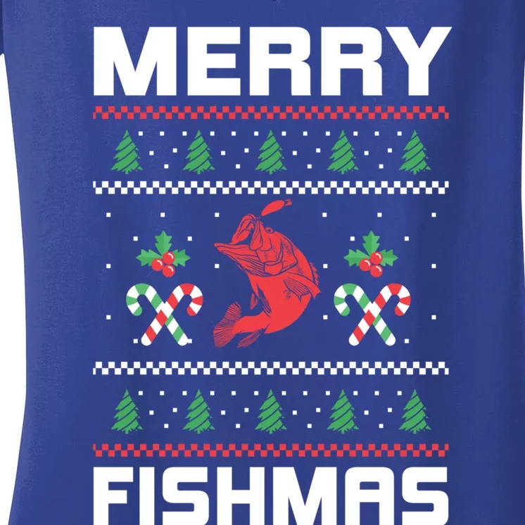 Ugly Christmas Angler Merry Fishmas Bass Fishing Lover Women's V-Neck T-Shirt