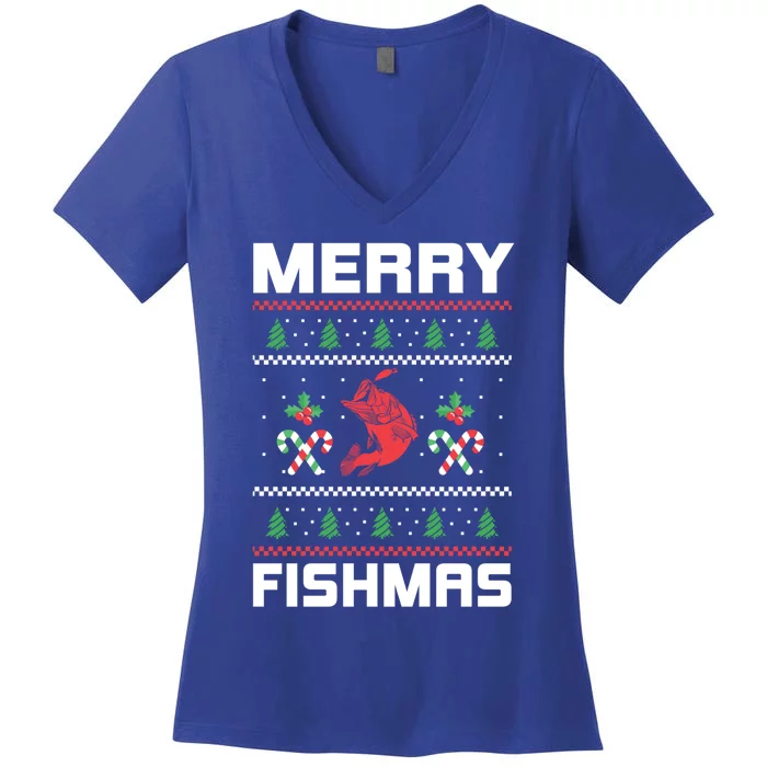 Ugly Christmas Angler Merry Fishmas Bass Fishing Lover Women's V-Neck T-Shirt