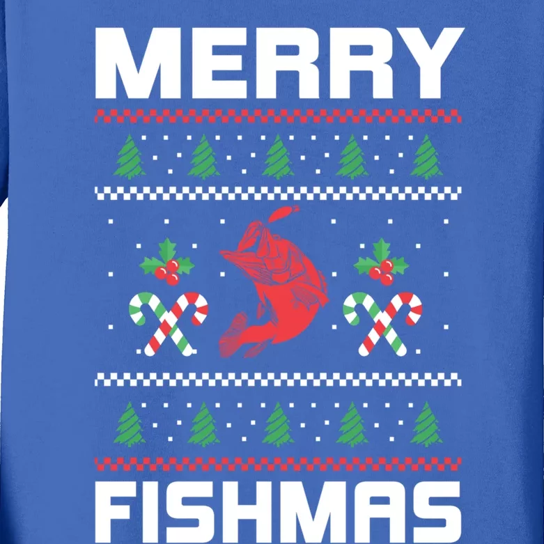 Ugly Christmas Angler Merry Fishmas Bass Fishing Lover Kids Long Sleeve Shirt