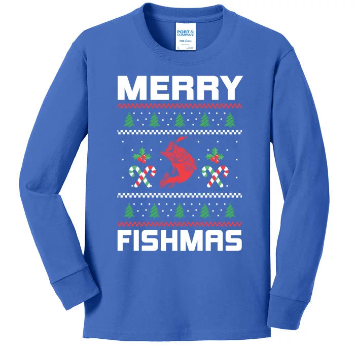 Ugly Christmas Angler Merry Fishmas Bass Fishing Lover Kids Long Sleeve Shirt