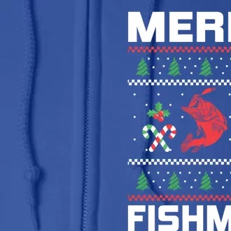 Ugly Christmas Angler Merry Fishmas Bass Fishing Lover Full Zip Hoodie