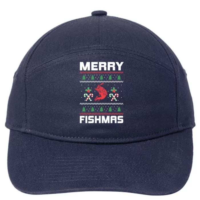 Ugly Christmas Angler Merry Fishmas Bass Fishing Lover 7-Panel Snapback Hat