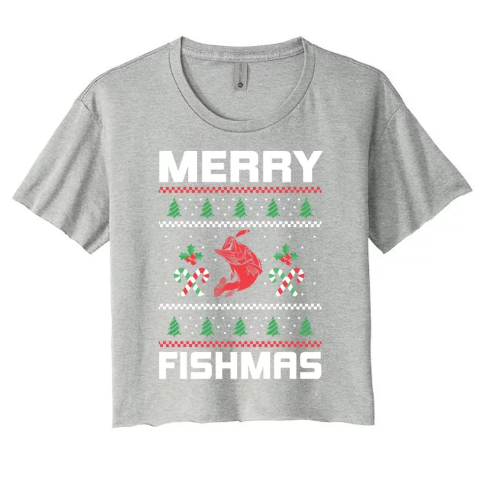 Ugly Christmas Angler Merry Fishmas Bass Fishing Lover Women's Crop Top Tee