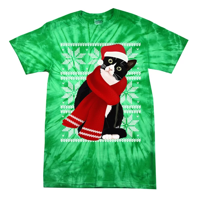 Ugly Christmas Black Cat Santa Hat Scarf Holiday Cute Tie-Dye T-Shirt