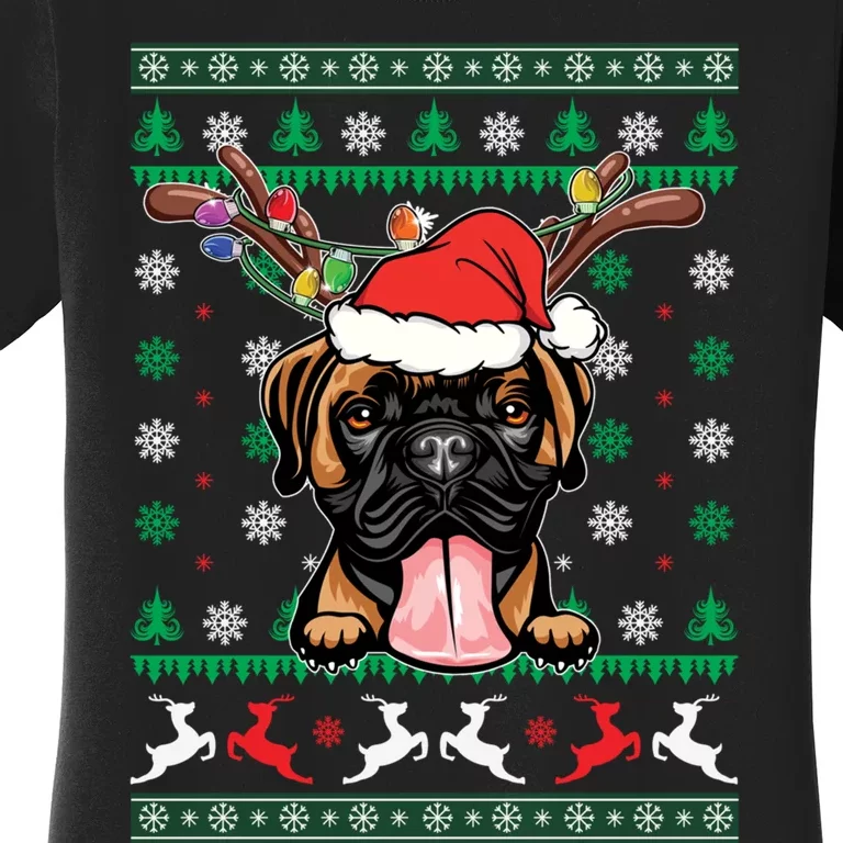 Ugly Christmas Boxer Dog Reindeer Light Christmas Pajama Women's T-Shirt