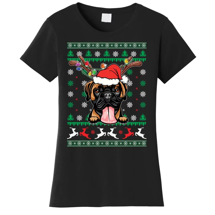 Ugly Christmas Boxer Dog Reindeer Light Christmas Pajama Women's T-Shirt