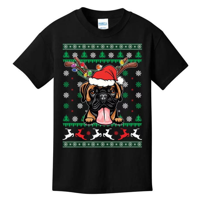 Ugly Christmas Boxer Dog Reindeer Light Christmas Pajama Kids T-Shirt